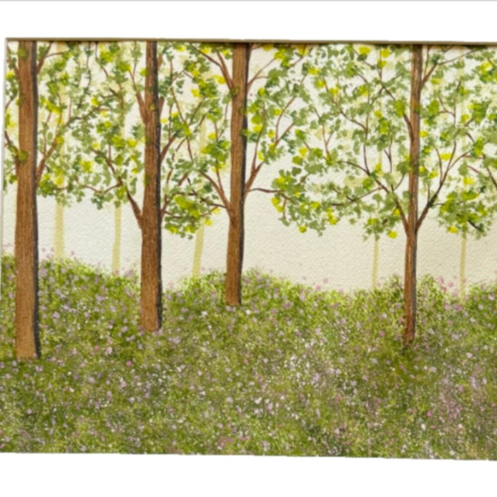 Painting Watercolor Forest Trees Wildflowers Original Art 11x14 and Mat 16x20